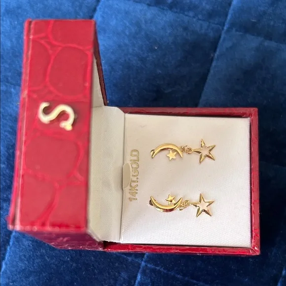 14k gold dangling crescent moon and star Sardelli earrings - Picture 3 of 5